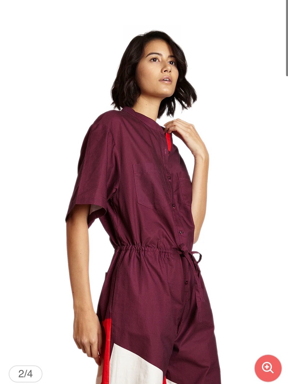 Colorblock Short-Sleeve Jumpsuit in Burgundy, Red & Cream - Picture 5 of 7